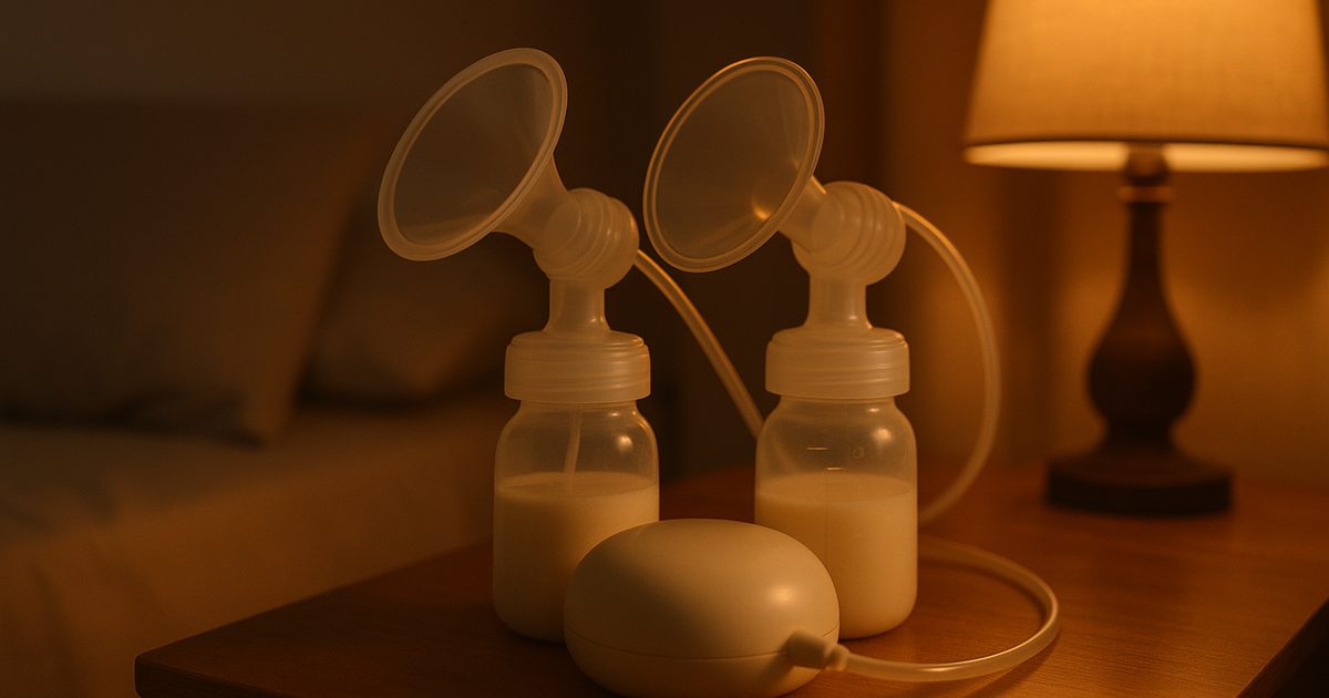 En dubbelpump med två flaskor på ett sängbord i varmt lampsken – AI-genererad bild