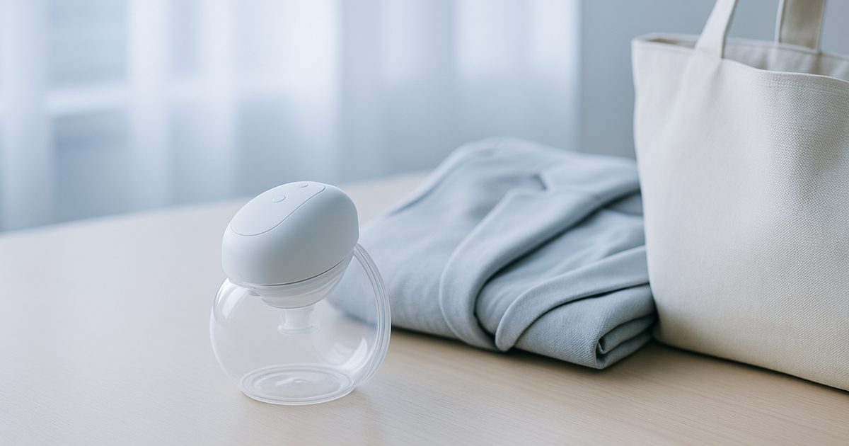 En sladdlös wearable-pump på ett skrivbord bredvid en kavaj och en väska – AI-genererad bild