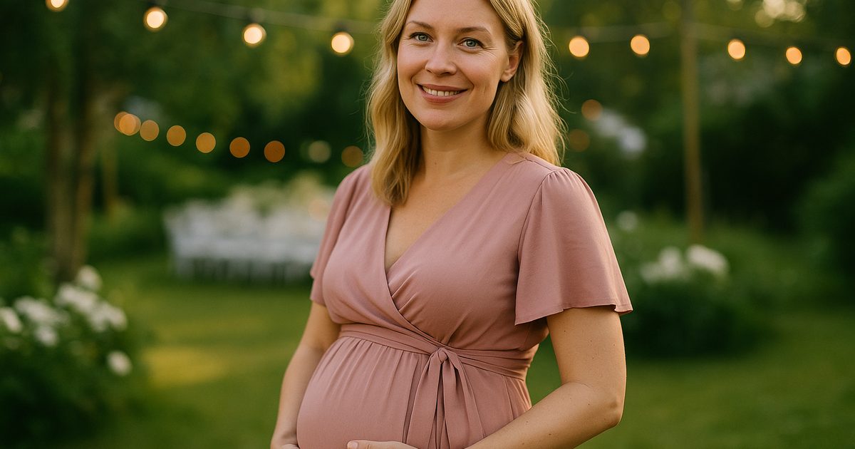 Gravid kvinna i elegant dustyrosa klänning på svensk sommarfest